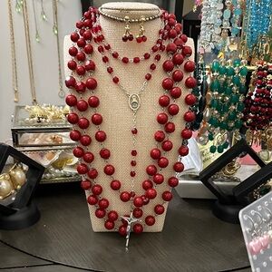 Elegant Red Beaded Necklace Set and earrings
 cross necklace  excluded